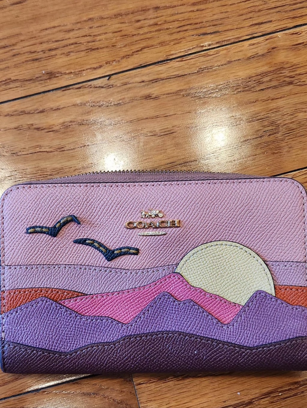 Rare! Coach Beautiful Pink Multi-Color Sunset Appliqu Zip Wallet